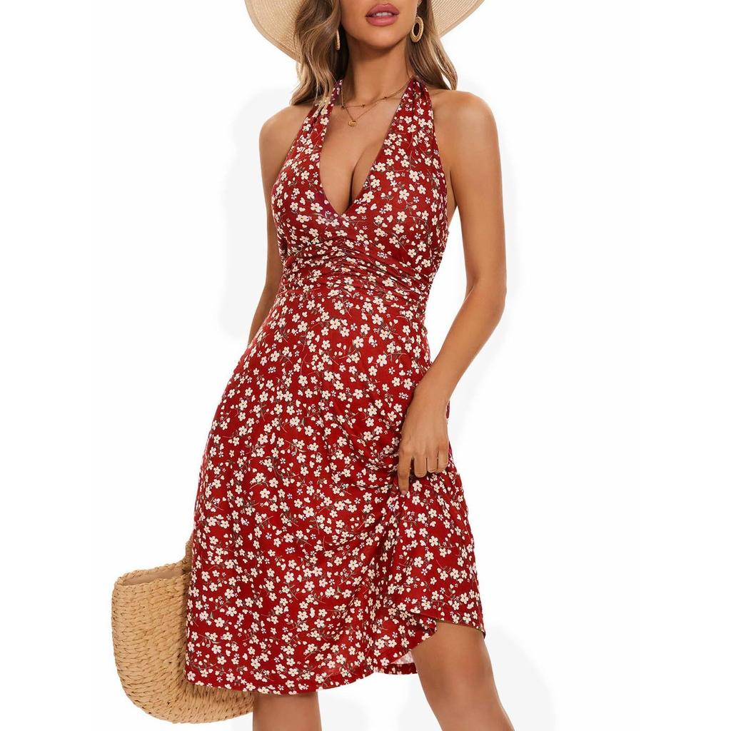 Sleeveless Summer Dress Women Halter Neck Tie Back Floral Print Elastic Waist Ruffle Hem Casual Dress with Pockets
