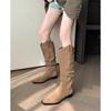 Women's Retro Pointed Toe Western Cowboy Boots with V-Cut Stacked Heel and Ruched Wide Calf Shaft