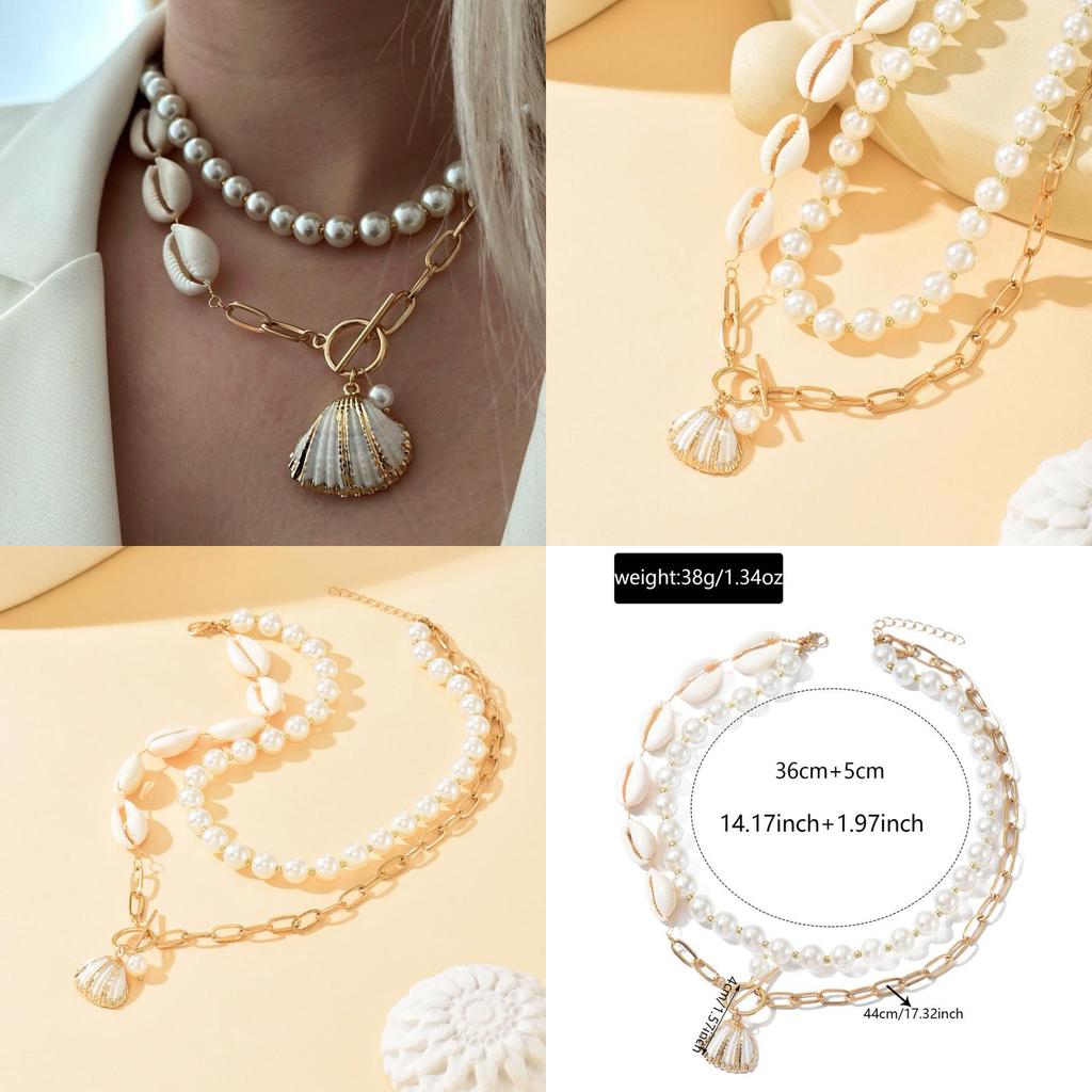 Geometric Shell Pendant Necklace Layered Chain With Alloy Charm For Casual Summer Wear