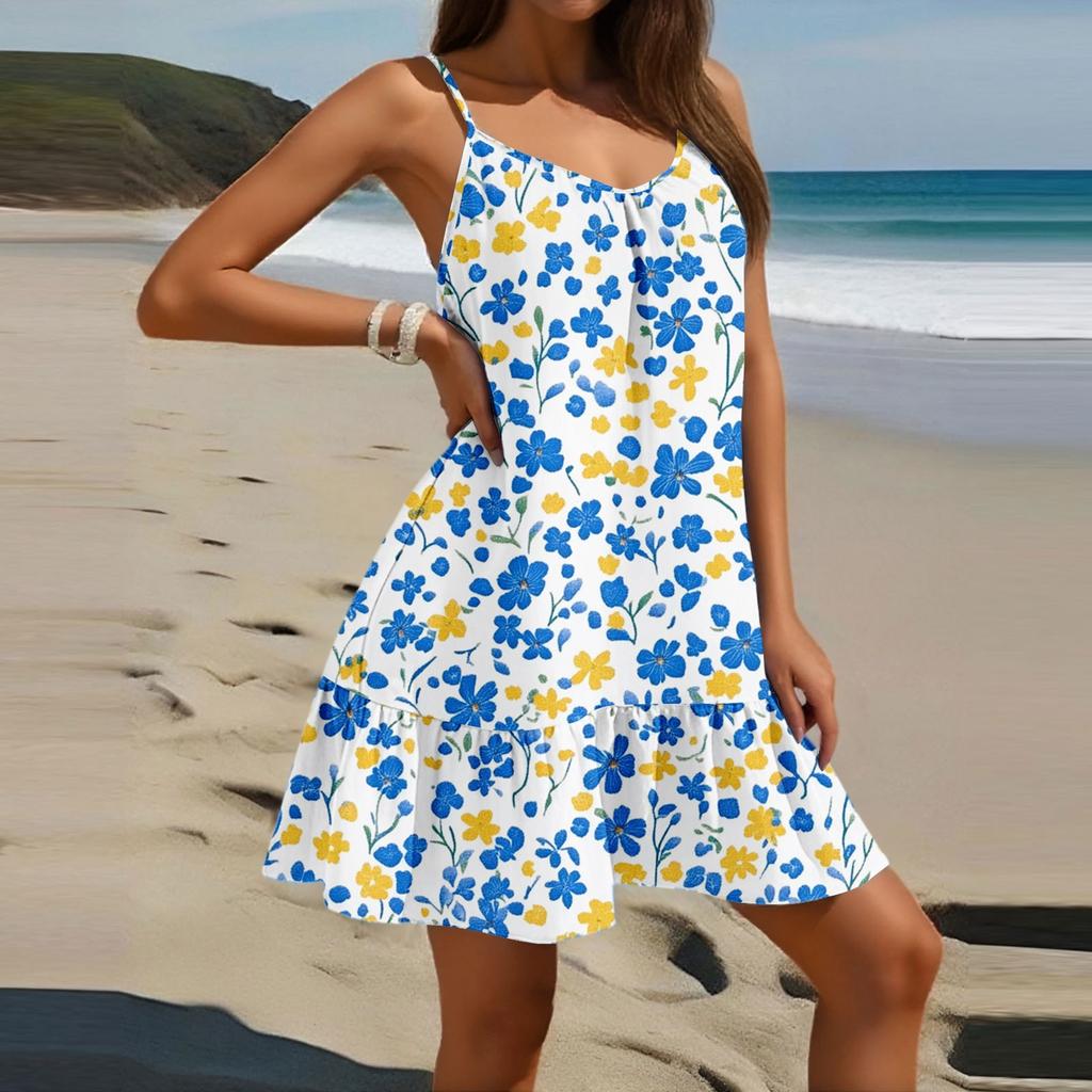 Женское модное повседневное платье без рукавов с круглым вырезом и цветочным принтом для пляжа