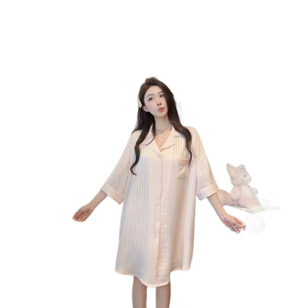 1011 new ice silk nightdress women's spring and autumn thin loose pure desire wind shirt long loungewear pajamas dress