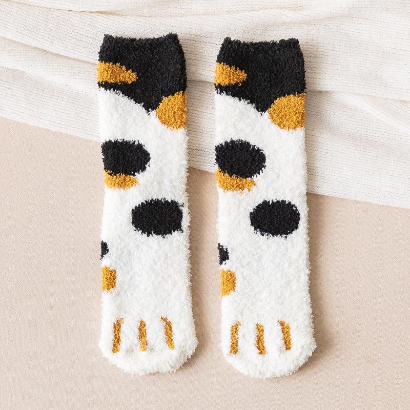 Женские носки до середины икры из кораллового флиса: Флис с одной стороны, дизайн кошачьей лапки, милый и уютный для осени/зимы