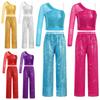 Girls Glittery Dance Costume One Shoulder Design with Flowy Wide Leg Pants