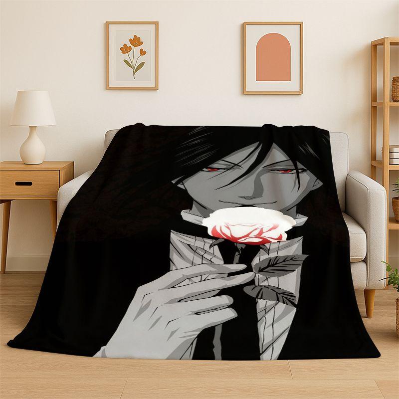 Black Butler Cartoon Anime Flannel Blanket Soft Warm Throw Blanket for Bedroom Living Room Bed Travel Camping Picnic Gift