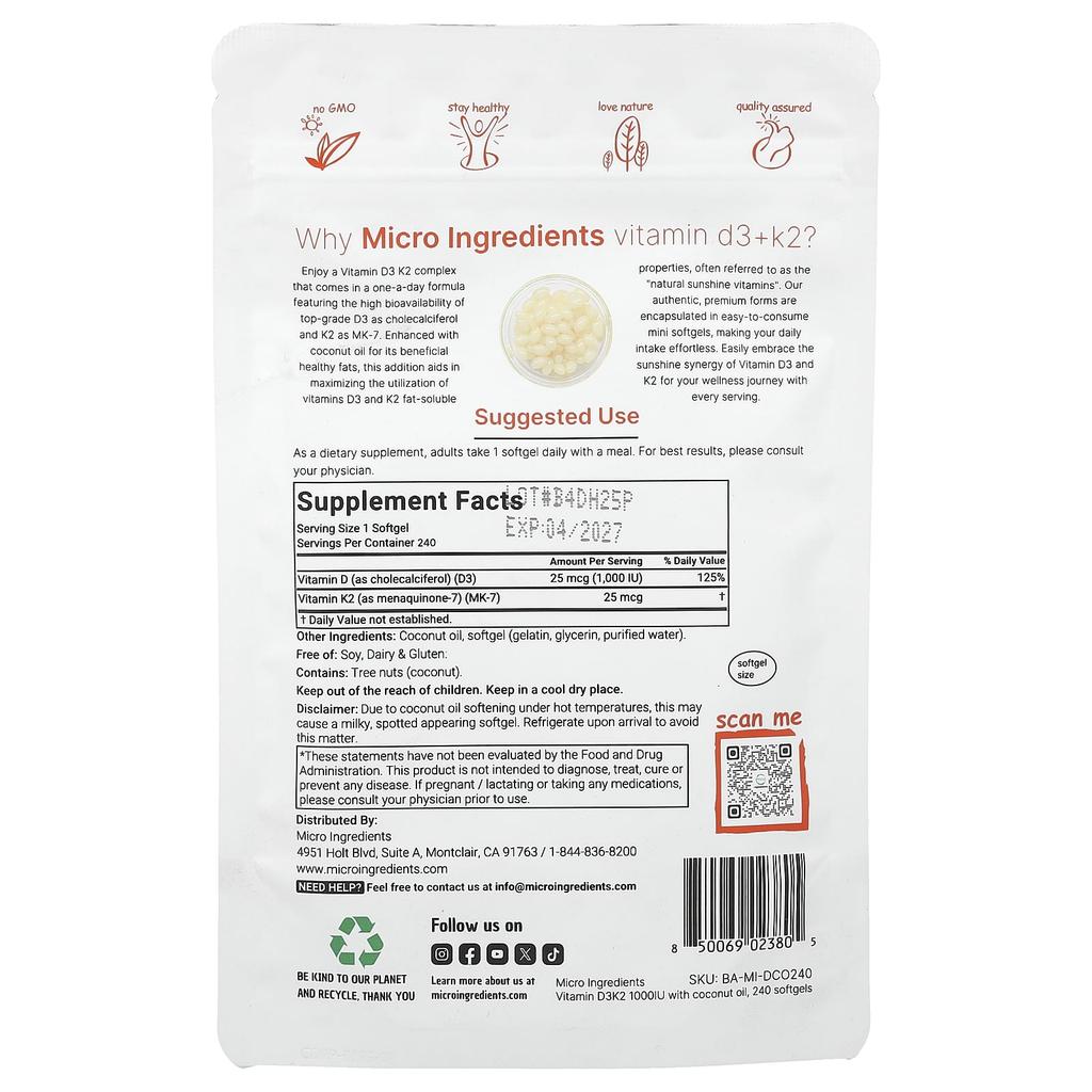 Micro Ingredients Vitamin D3 + K2, 240 Softgels