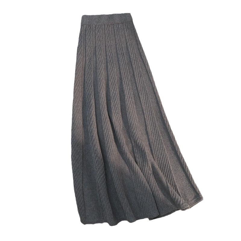 Женская осень-зима элегантная однотонная трикотажная длинная юбка толстые юбки с высокой талией женские дикие юбки-плиссировки А-силуэта