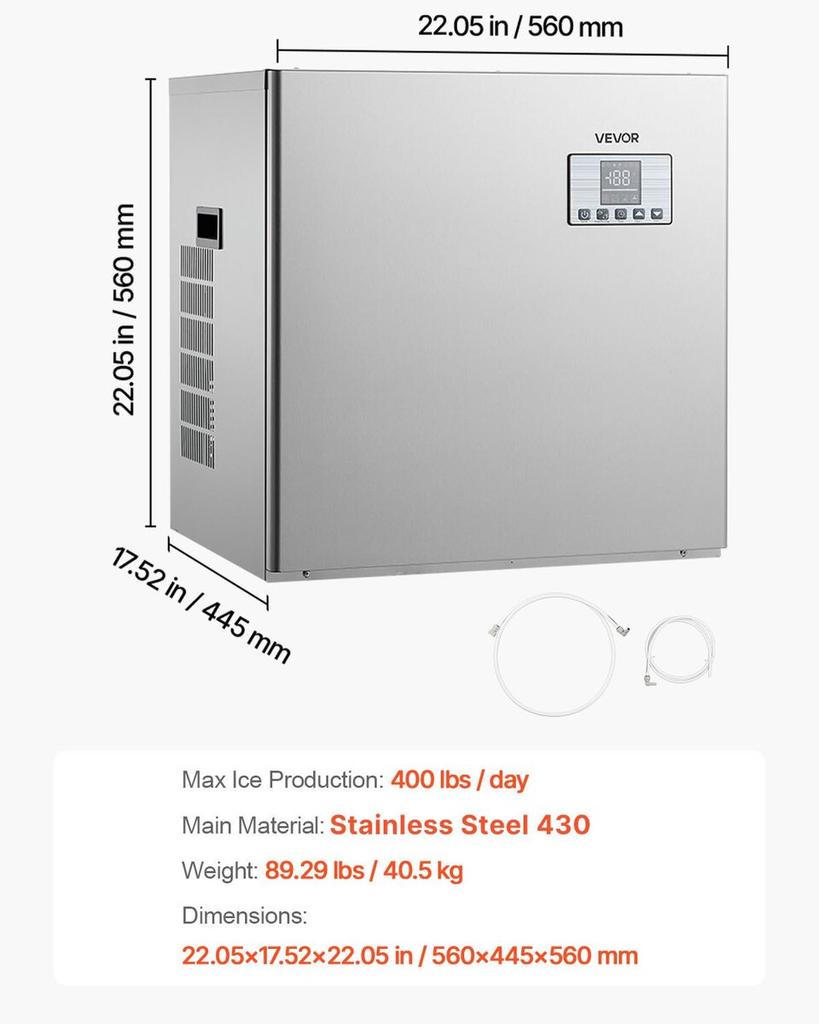 Commercial Ice Maker Machine - Head, 181 kg/Day Stainless Steel Ice Machine with Scheduled Ice-Making, Self-Cleaning, Adjustable Thickness, Ideal for