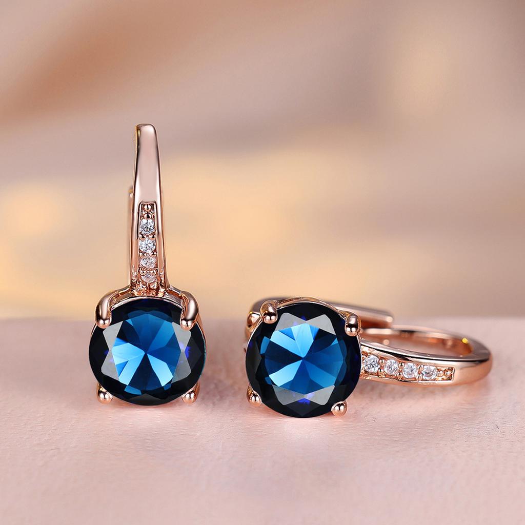 1 Pair Rose Golden Color Round Cut White Blue Red Green Stone Drop Earrings Fashion Women Wedding Jewelry Luxury Accessories