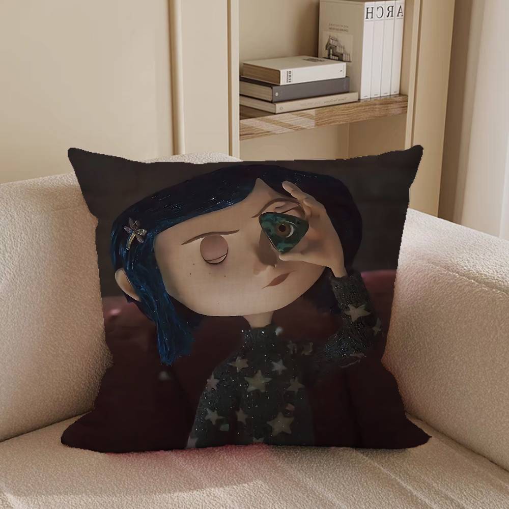 Съемная моющаяся наволочка с изображением Коралин из аниме – мягкий лен, подходит для всех сезонов.