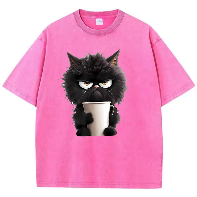 T Shirt Vintage Coffee Cat Washed Cotton TShirt Graphic Tee Casual Streetwear Spring Summer
