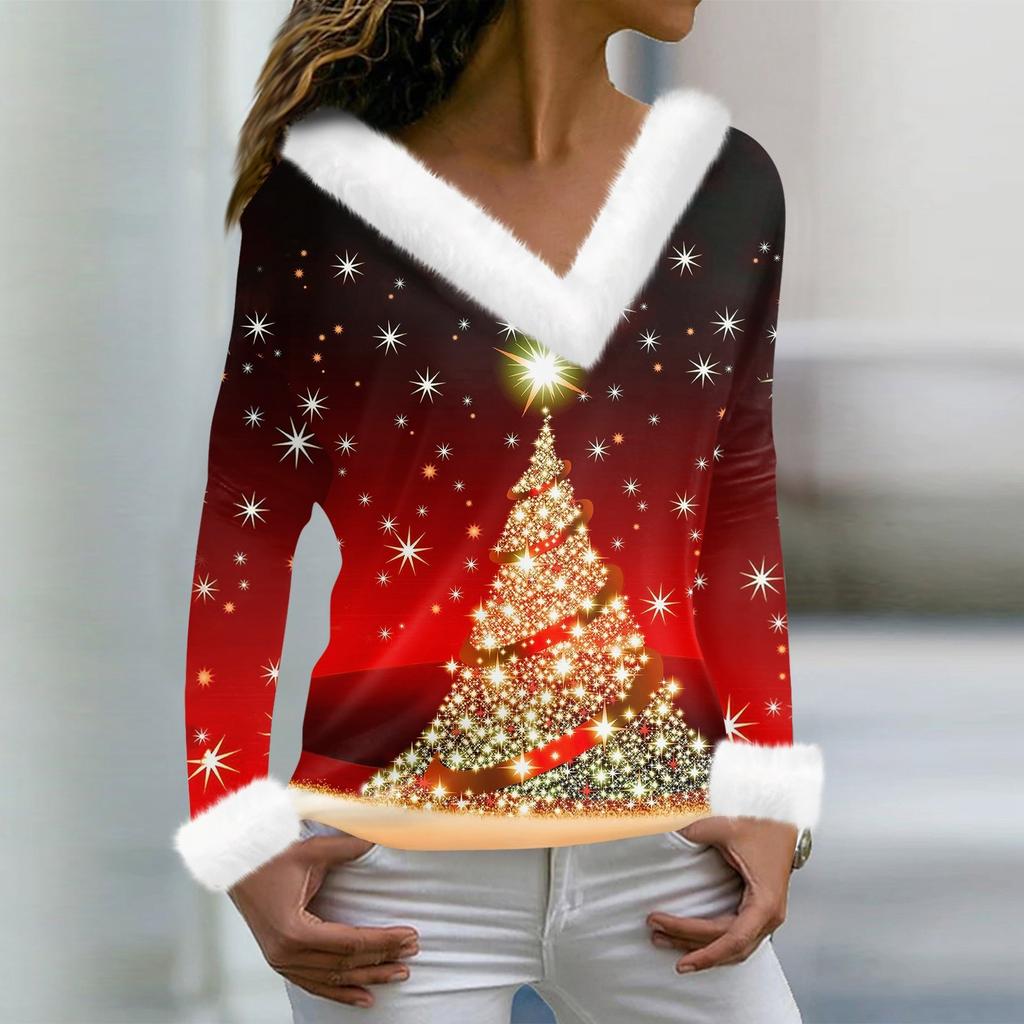 Women's Fashion Long Sleeve Christmas Printed Party Plush Neck V-Neck Top