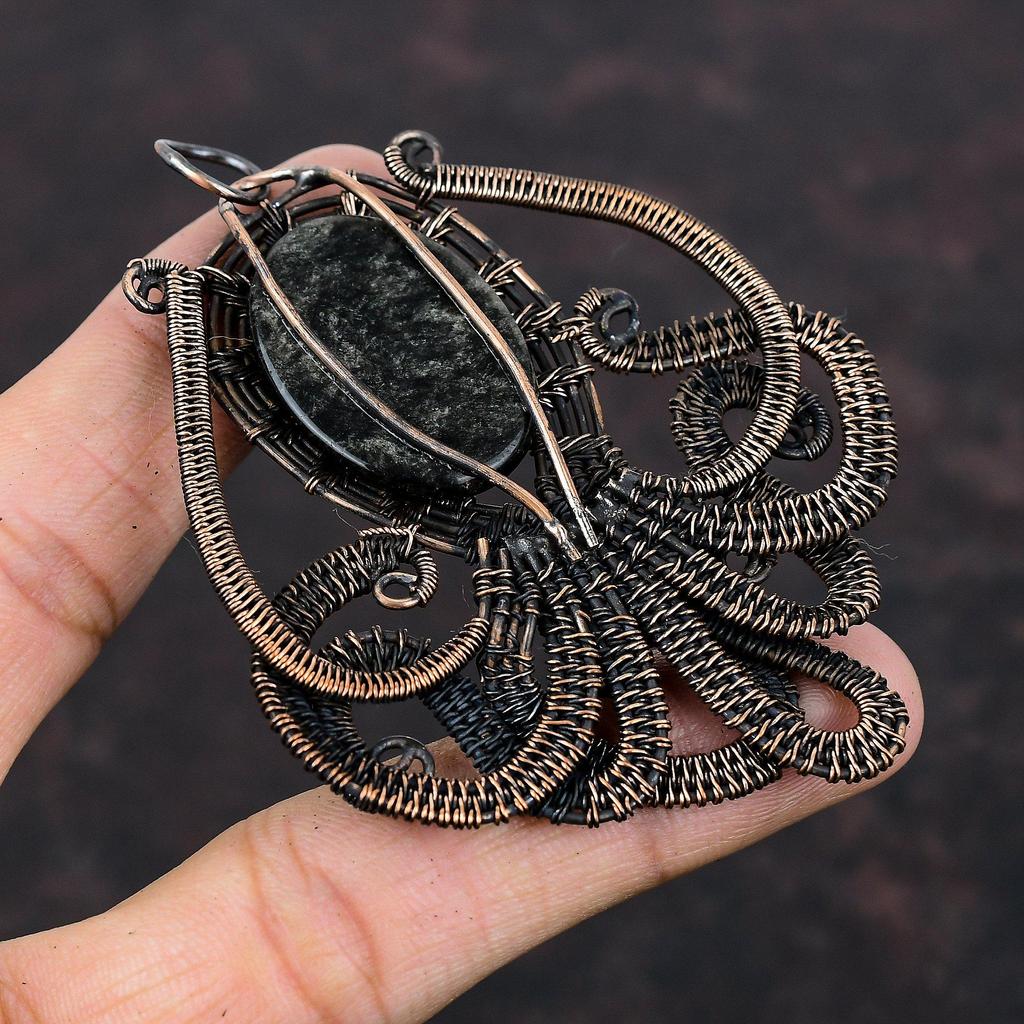 Silver Sheen Obsidian Pendant Copper Wire Wrapped Pendant Handmade Jewelry Gemstone Pendant Copper Wire Jewelry Octopus Pendant Gift For Him