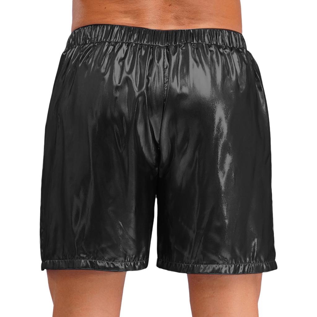 Mens Shiny Boxer Shorts Elastic Waistband Side Pocket Design Loose Fit Glossy Beach Shorts Loungewear
