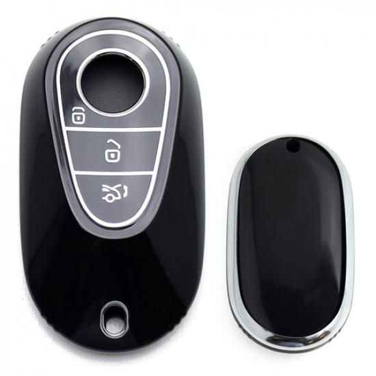Black Metallic TPU Cover w/ Chrome Trim For Mercedes 22-up Gen4 Oval Smart Key