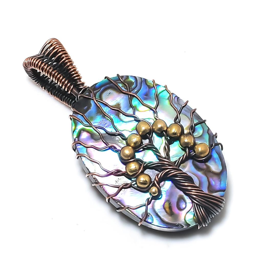 Abalone Shell 999 Copper Wire Wrapped Pendant, Handmade Gemstone Pendant Jewelry, Gifts For Wife Brand New Pendant