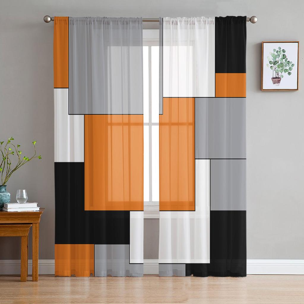 Black Grey Patchwork Abstract Art Sheer Curtains for Living Room Decoration Window Curtains Kitchen Tulle Voile Organza Curtains