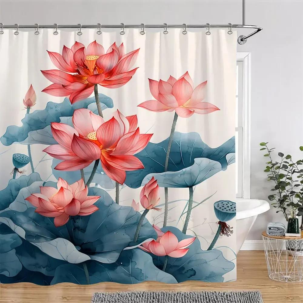Elegant Lotus Pond Shower Curtain - Traditional Chinese Landscape Design for Modern Bathroom Décor, Waterproof & Easy Care