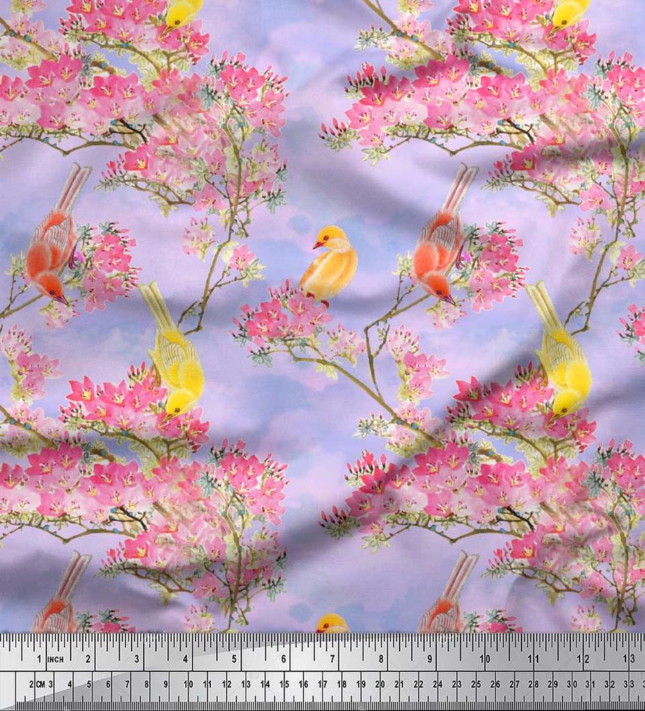 Soimoi Серая полиэфирная креповая ткань с принтом «Цветы и голуби и птицы» шириной 42 дюйма по метрам