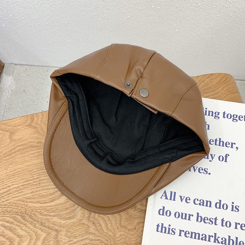 Leather Retro Hat Women's Autumn and Winter Beret Solid Color Cap Detective Hat Men's Hat