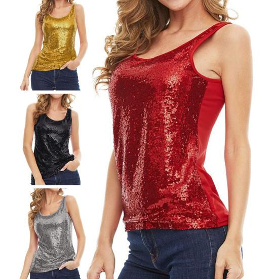 Женский топ с блестками, сплошной цвет, украшение с блестками, пуловер без рукавов с круглым вырезом, сценическое шоу, блестящий реквизит для фотосессии, майка, женский жилет, вечеринка