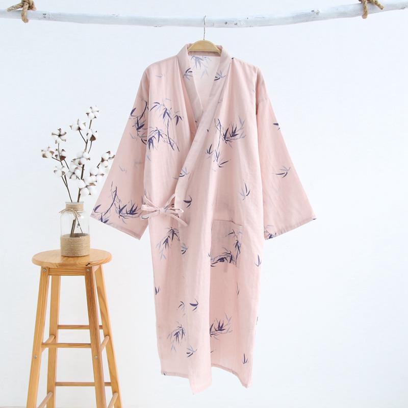 Japanese Kimono Ladies Bathrobe Nightdress Long-sleeved Nightgown Cotton Gauze Summer and Autumn Cute Sweaty Spring Cotton Pajamas