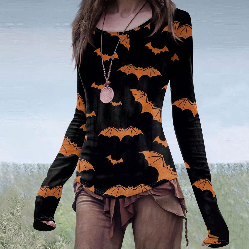 Women's Fashion Casual Mori Slim Long Sleeve Halloween Printed Round-Neck Regular Top