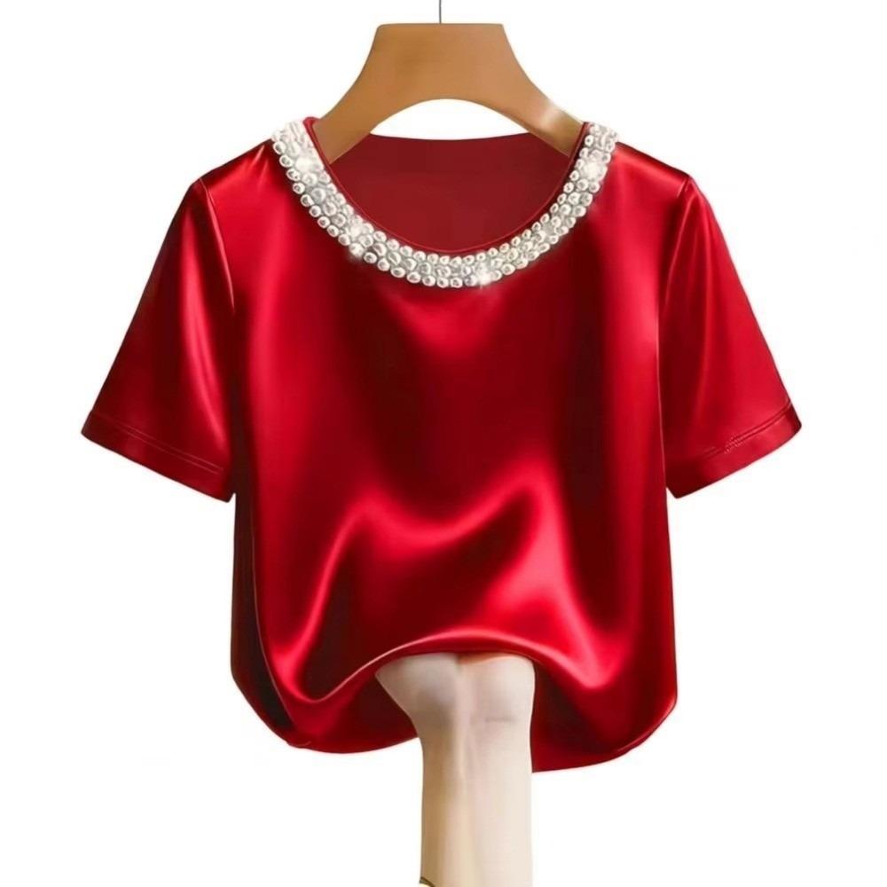 French Style Satin Silk T-Shirt Loose Short Sleeve Top Business Casual Women's Tops  Ladies