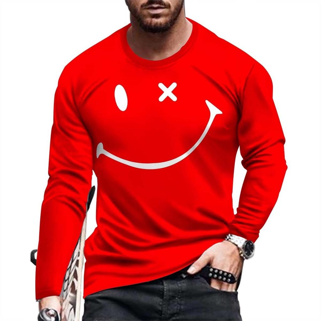 Футболка с длинным рукавом с 3D-принтом и рисунком смайлика для мужчин, простая мода, с объемным круглым вырезом и длинным рукавом