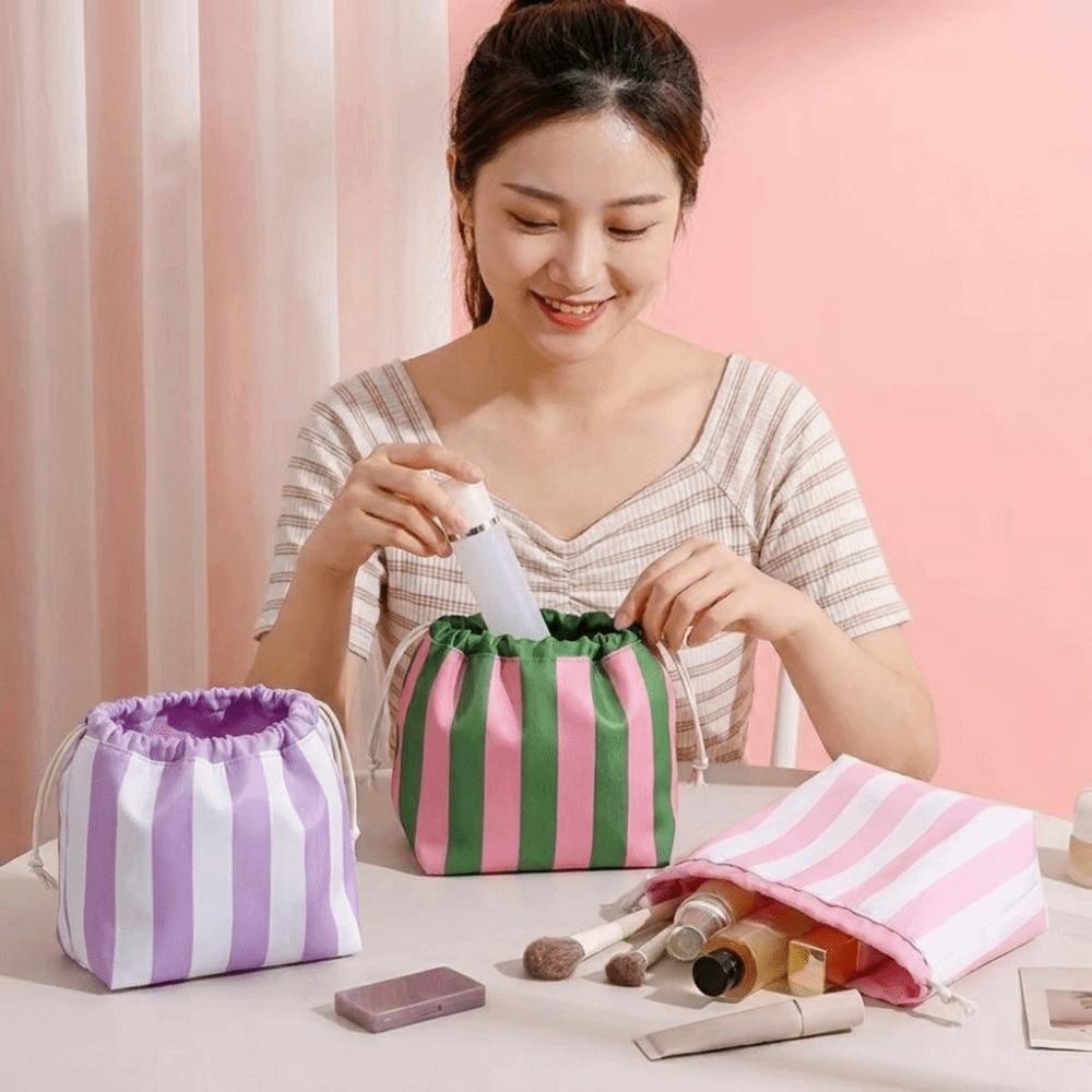 Portable Makeup Bag Organize Large Capacity Striped Cosmetic Organizer Women