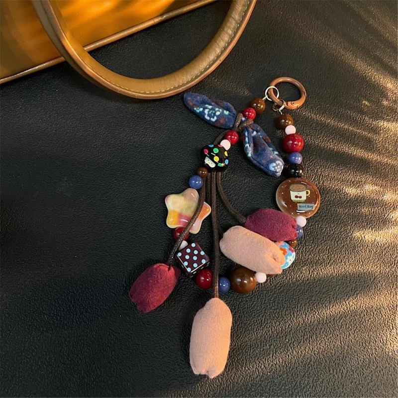 Stylish Hand Painted Ombres Star Fabric Flower Keychain Sturdy PVC Cord Unisex Keyring Bag Accessories