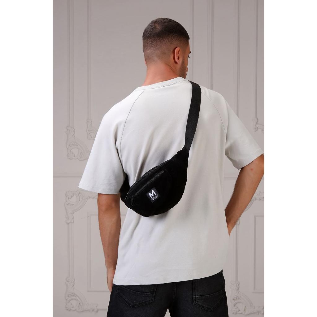 Черная замшевая сумка через плечо унисекс с 3 отделениями на талии и плече