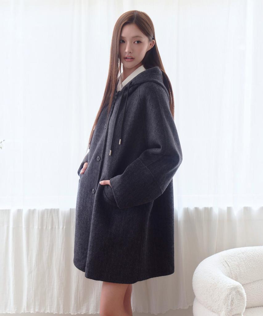 THE GREEN LAB Check Color Block Hooded Half Coat [Charcoal Gray]