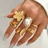 Popular Women's Geometric Ring Set, Niche Flower Inlaid with Special-shaped Pearl Design, Open Index Finger Ring
