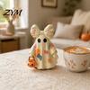 Autumn Seasonal Home Accents Halloween Bow Ghost Figurine Tabletop Ornament, Cute Resin Statue with Retro Style Fall Decor Pumpkin Basket, Patchwork