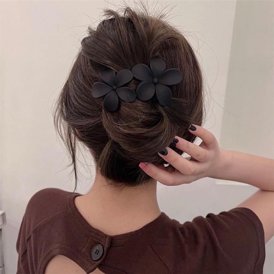 4Pcs Flower Hair Clips Matte French Hair Barrette Black Floral Hairpins Hair Claw Clips Non-Slip Hair Clamps Grab Elegant Hair A