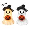 Gift for Halloween Lovers Ghost Figurine Cute Resin Holding Pumpkin Unique Seasonal Ornament Statue Desk Tabletop Indoor Home Decor Warm Glow