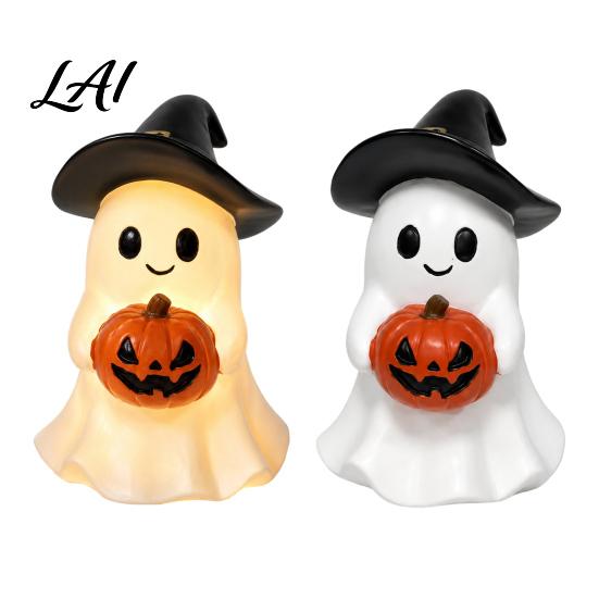 Gift for Halloween Lovers Ghost Figurine Cute Resin Holding Pumpkin Unique Seasonal Ornament Statue Desk Tabletop Indoor Home Decor Warm Glow