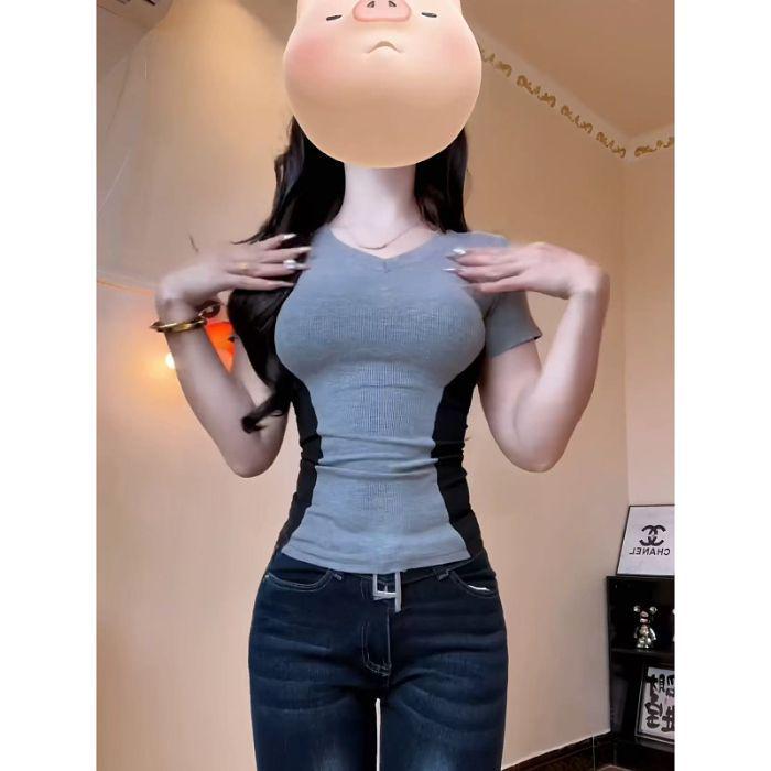 Women's American Retro Color Block V-Neck Slimming T-Shirt for Summer 2025