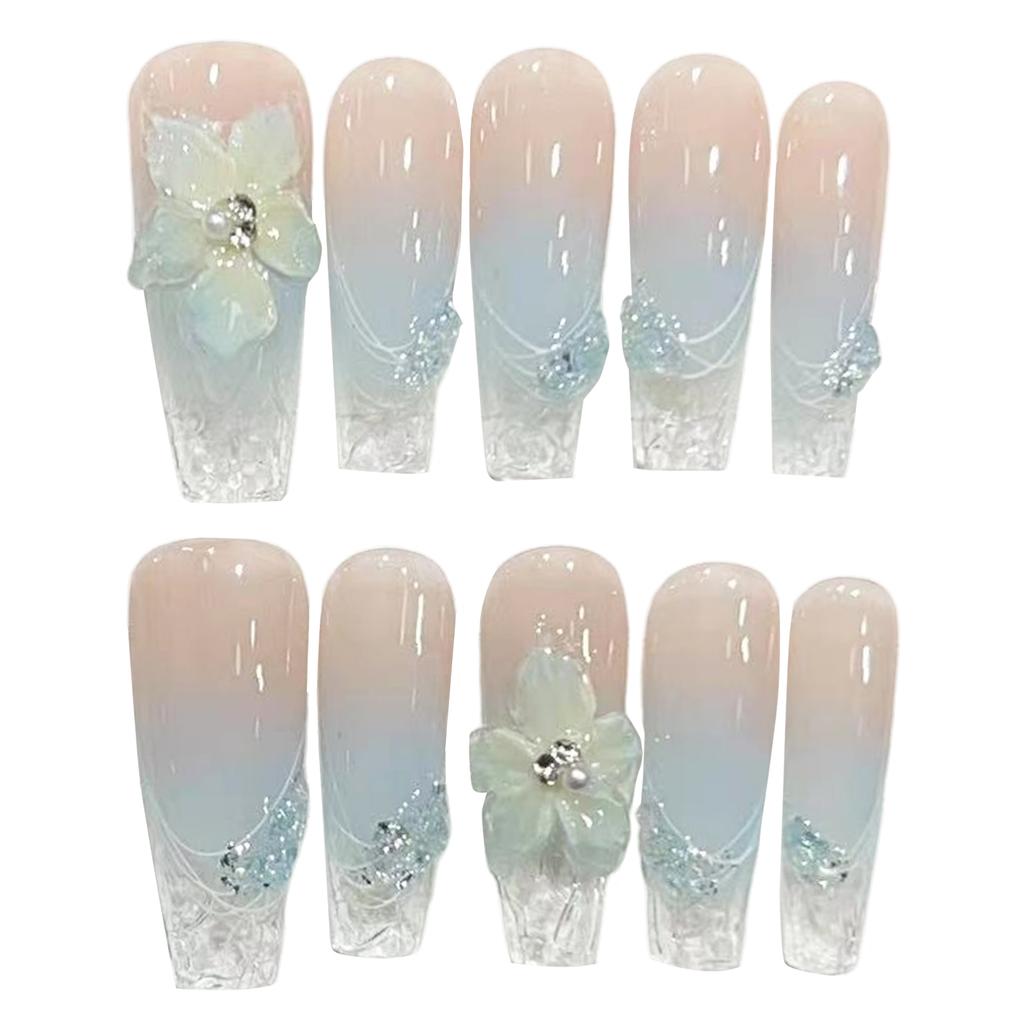 735 Extended T Blue Ice Flower French Wave Handmade False Nails 10pcs