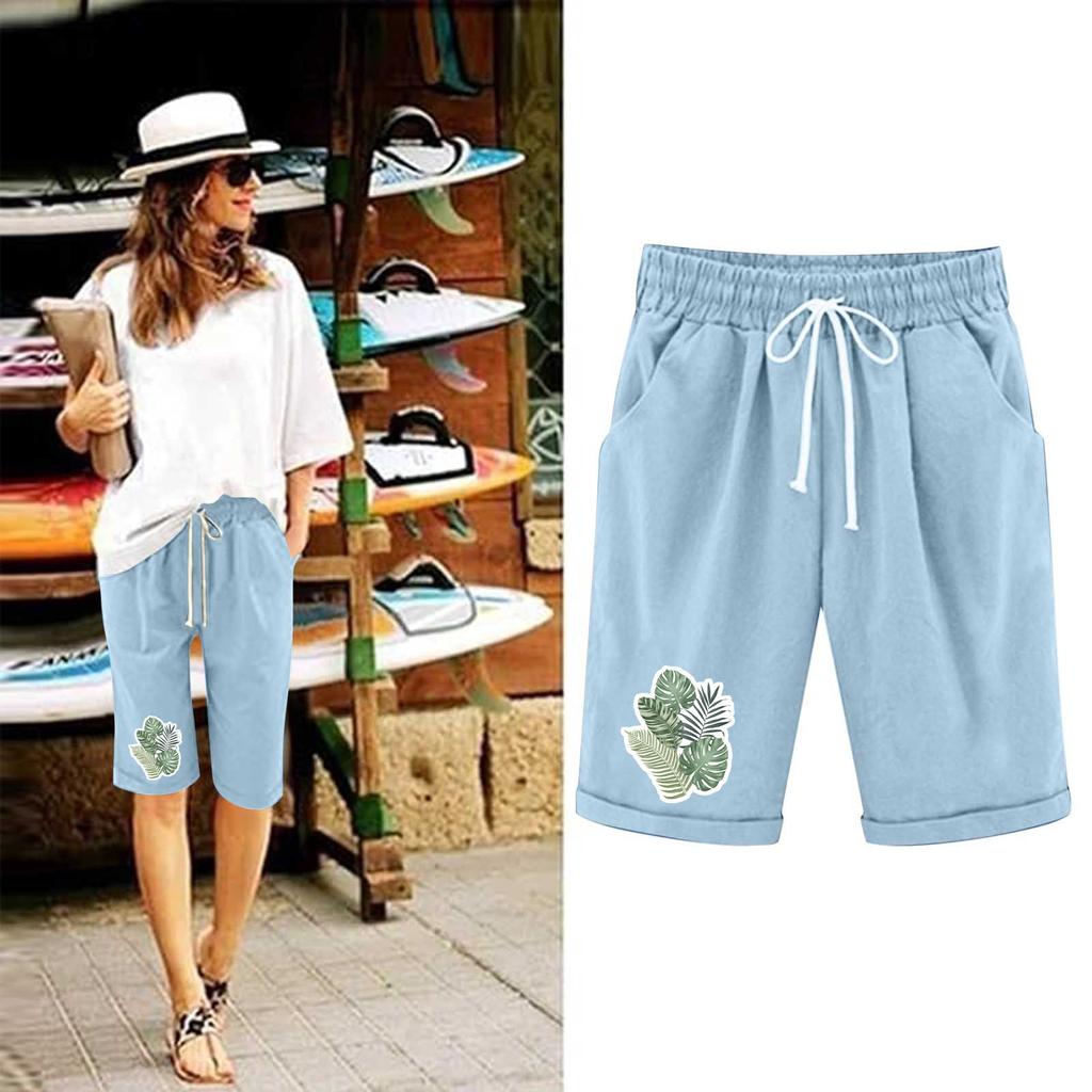 Шорты больших размеров для женщин, эластичные пышные хлопковые льняные шорты-бермуды с эластичной резинкой на талии, повседневная пляжная одежда