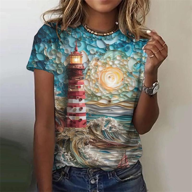 Футболка с изображением маяка в 3D-принте с изображением ночной сцены для женщин, летние повседневные футболки в стиле Харадзюку с короткими рукавами и круглым вырезом