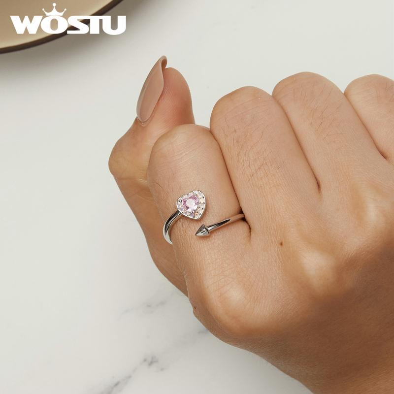 WOSTU Женские кольца из стерлингового серебра 925 пробы с розовым фианитом и сердцем Купидона, штабелируемые кольца, обручальные украшения для вечеринок, прекрасный подарок для нее