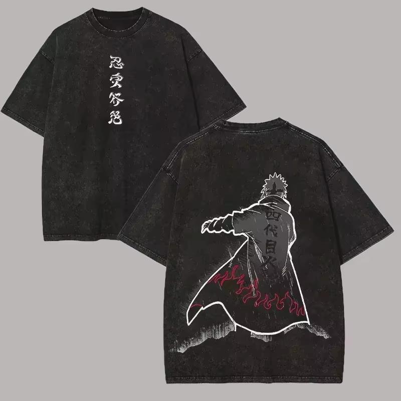 2026 Summer Anime Naruto Oversized T-shirt, Minato Namikaze 4th Hokage Print Casual Streetwear Washed Black Tee for Men Women