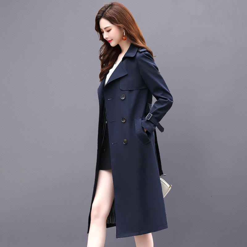 Ветровка женская осенняя мода новая популярная весна и осень длинное по колено на талии однотонное двубортное пальто в британском стиле