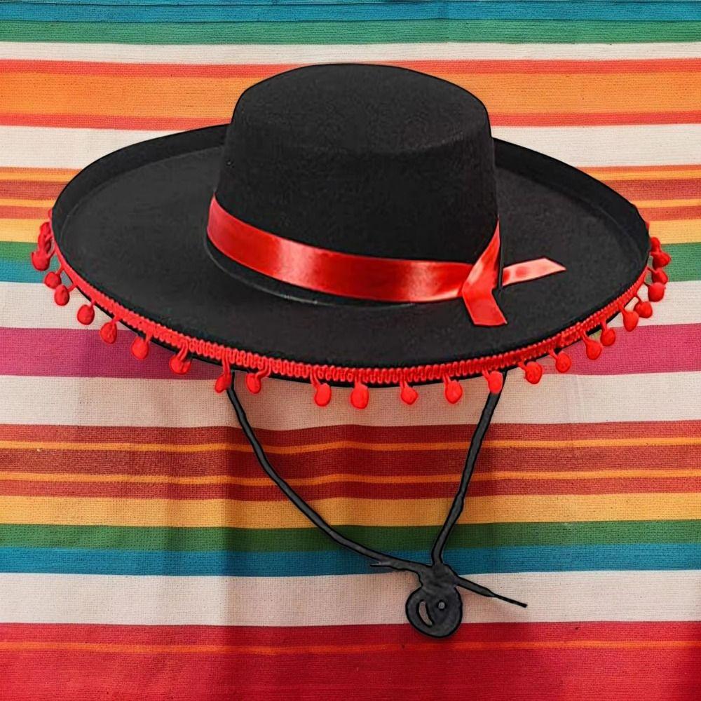 Wide Brim Mexican Hat Costumes Fuzz Ball Spanish-style Hat Mexican Sombrero Hats Halloween