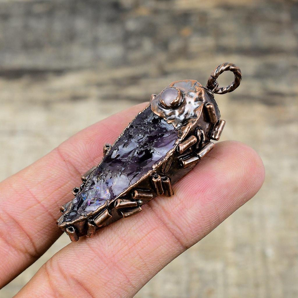 African Amethyst Rough Pendant Electroformed Copper Pendant Rose Quartz Pendant Handmade Gemstone Pendant Electroformed Jewelry Gift For Her