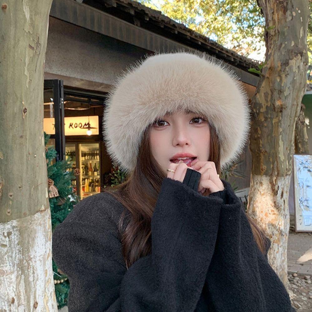 Warm Cap Faux Fur Mink Hat Korean Style Solid Beanie Fashion Plush Basin Cap Autumn