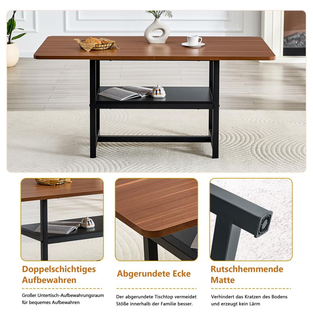 Rectangular Dining Table in Industrial Design in Walnut Color, 160×90×76 cm, for 4–6 People, with Multifunctional Shelf and Black Metal Legs.