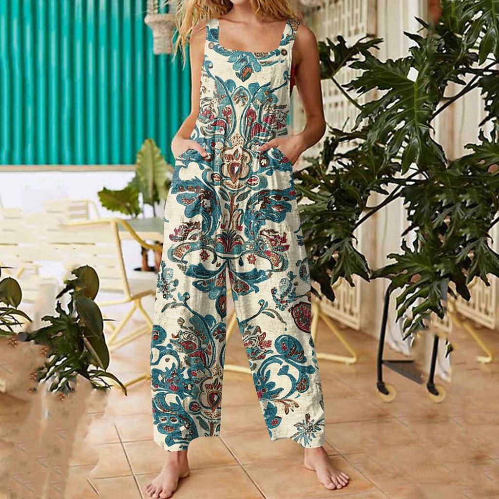 Women's Fashion Casual Loose Back Straps Wide Leg Vintage Printed Jumpsuit