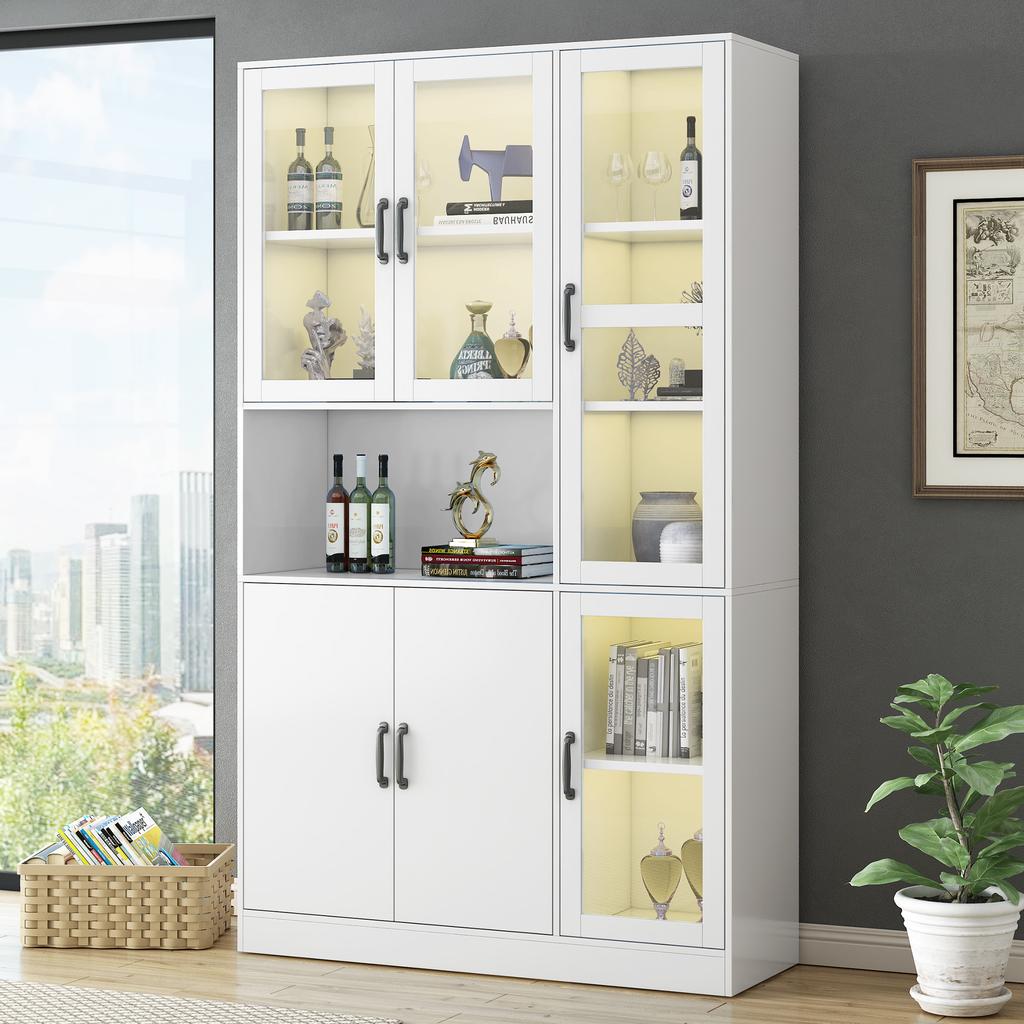 3135030405WAA)White Display Cabinet, Bookshelf with Doors, Large Kitchen Sideboard, Pantry Cabinet, LED Light, for Living Room, Bedroom